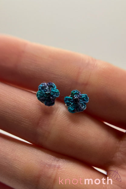 Blue and Purple Flower Micro Crochet Stud Earrings