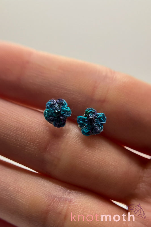 Blue and Purple Flower Micro Crochet Stud Earrings