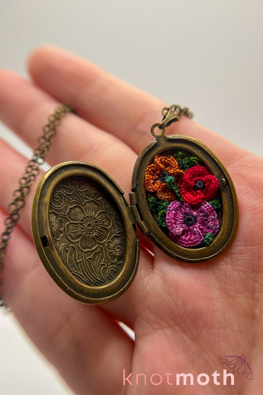 Poppies (remembrance & rest) floriography micro-crochet locket