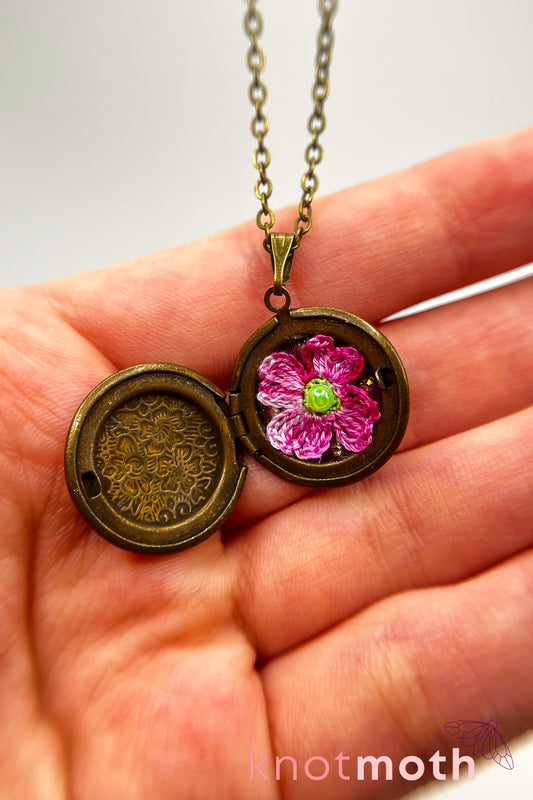 Dogwood (strength & resilience) floriography micro-crochet locket