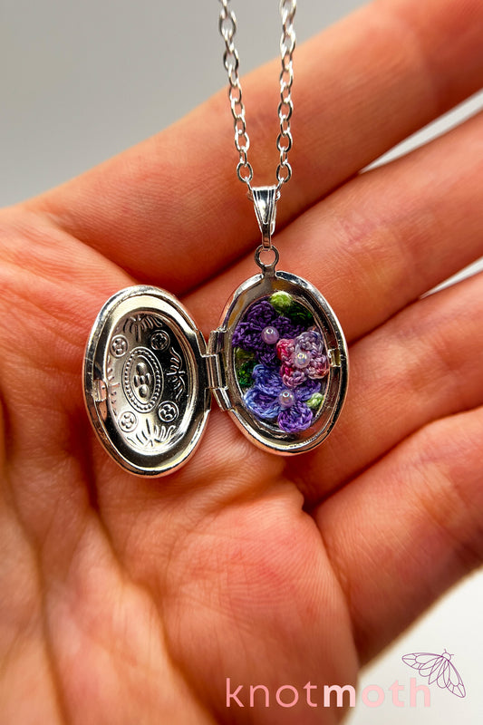 Lilac (love) floriography micro-crochet locket