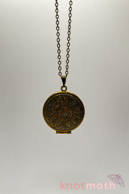 Sunflower, lilacs, and butterfly (joy & love) floriography micro-crochet locket
