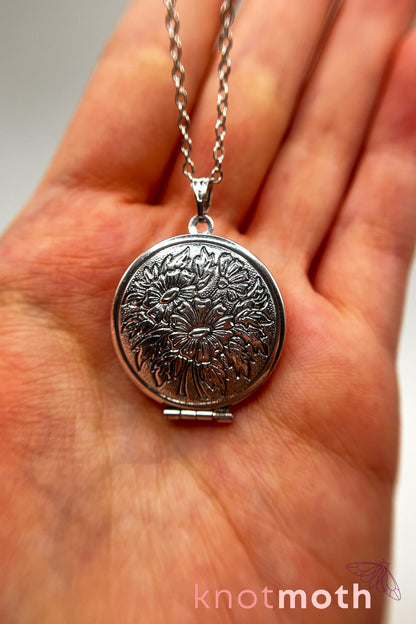 Rose, lily, daisy, and sunflower (love, loyalty, & gratitude) floriography micro-crochet locket