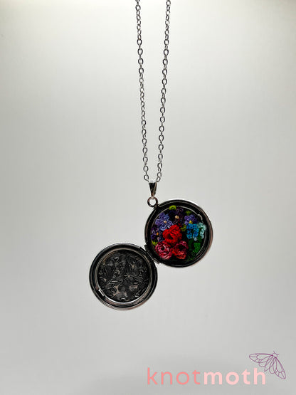 Roses, violets, and lupines (love & happiness) floriography micro-crochet locket