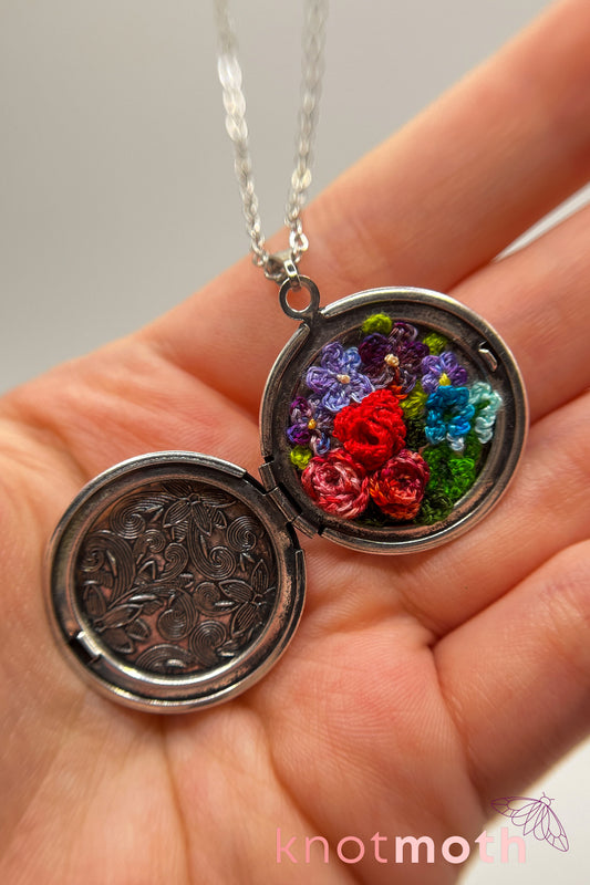 Roses, violets, and lupines (love & happiness) floriography micro-crochet locket