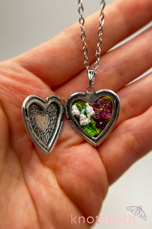 Lily of the valley and violets (joy & love) floriography micro-crochet locket