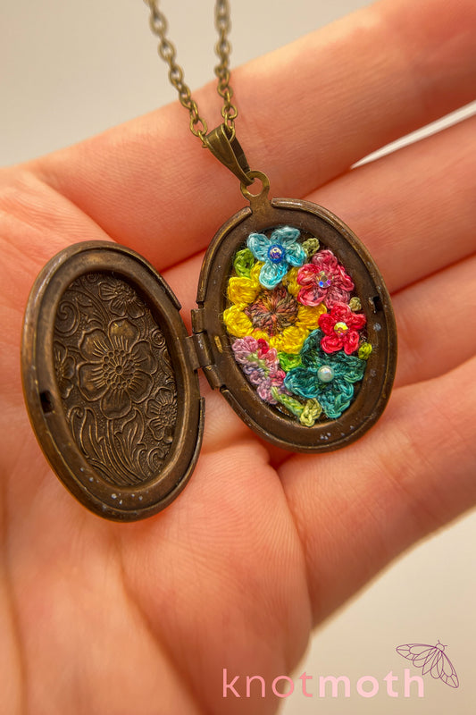 Sunflower and lavender garden (joy & serenity) floriography micro-crochet locket