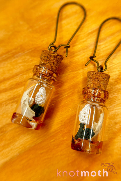 Peace lily flower micro crochet and jawbone terrarium jar earrings