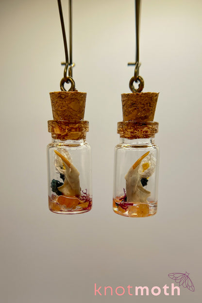 Peace lily flower micro crochet and jawbone terrarium jar earrings