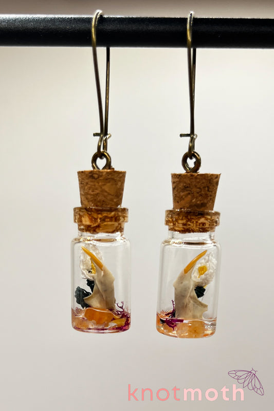 Peace lily flower micro crochet and jawbone terrarium jar earrings