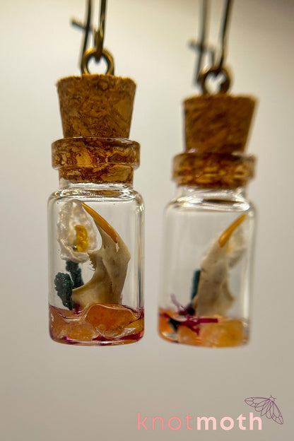 Peace lily flower micro crochet and jawbone terrarium jar earrings