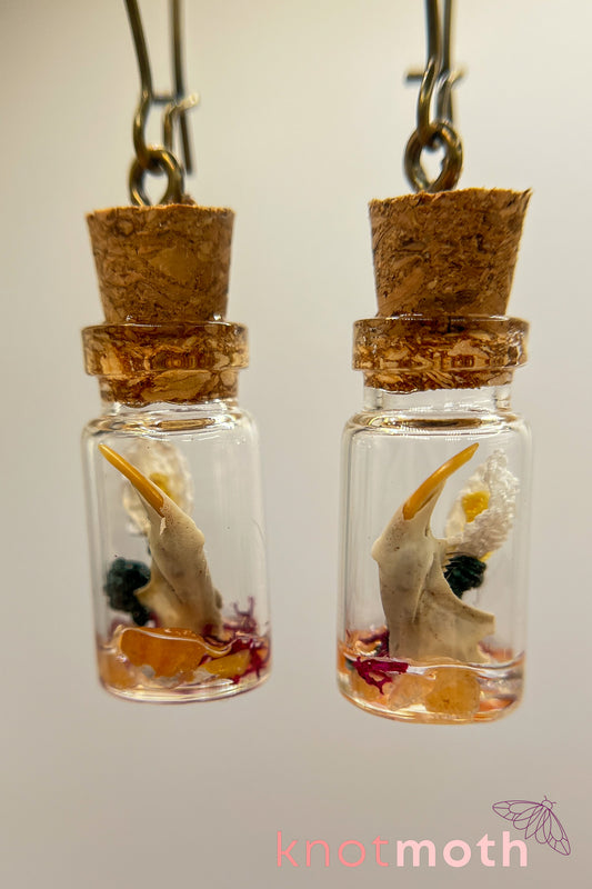 Peace lily flower micro crochet and jawbone terrarium jar earrings