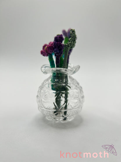 micro crochet flower arrangement in glass vase