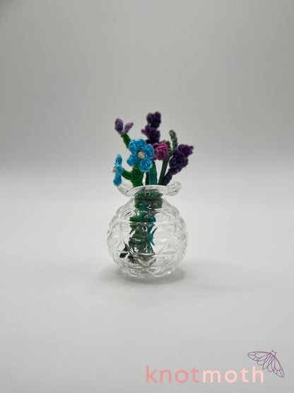 micro crochet flower arrangement in glass vase