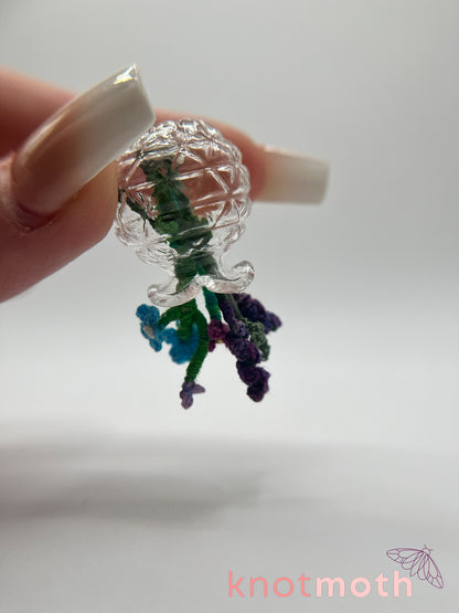 micro crochet flower arrangement in glass vase