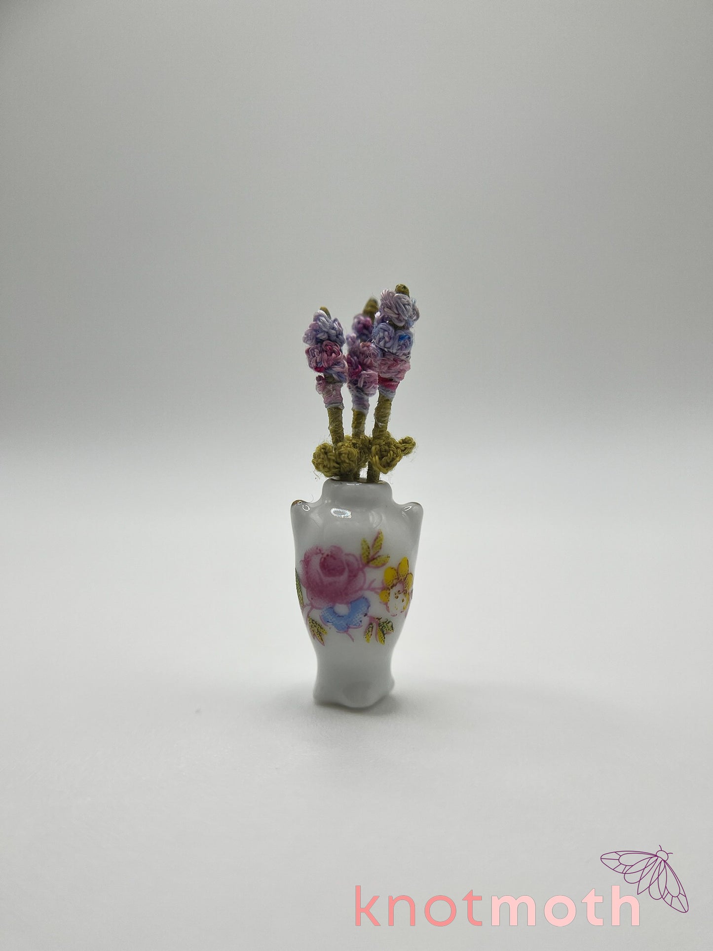 micro crochet lavender arrangement in ceramic vase