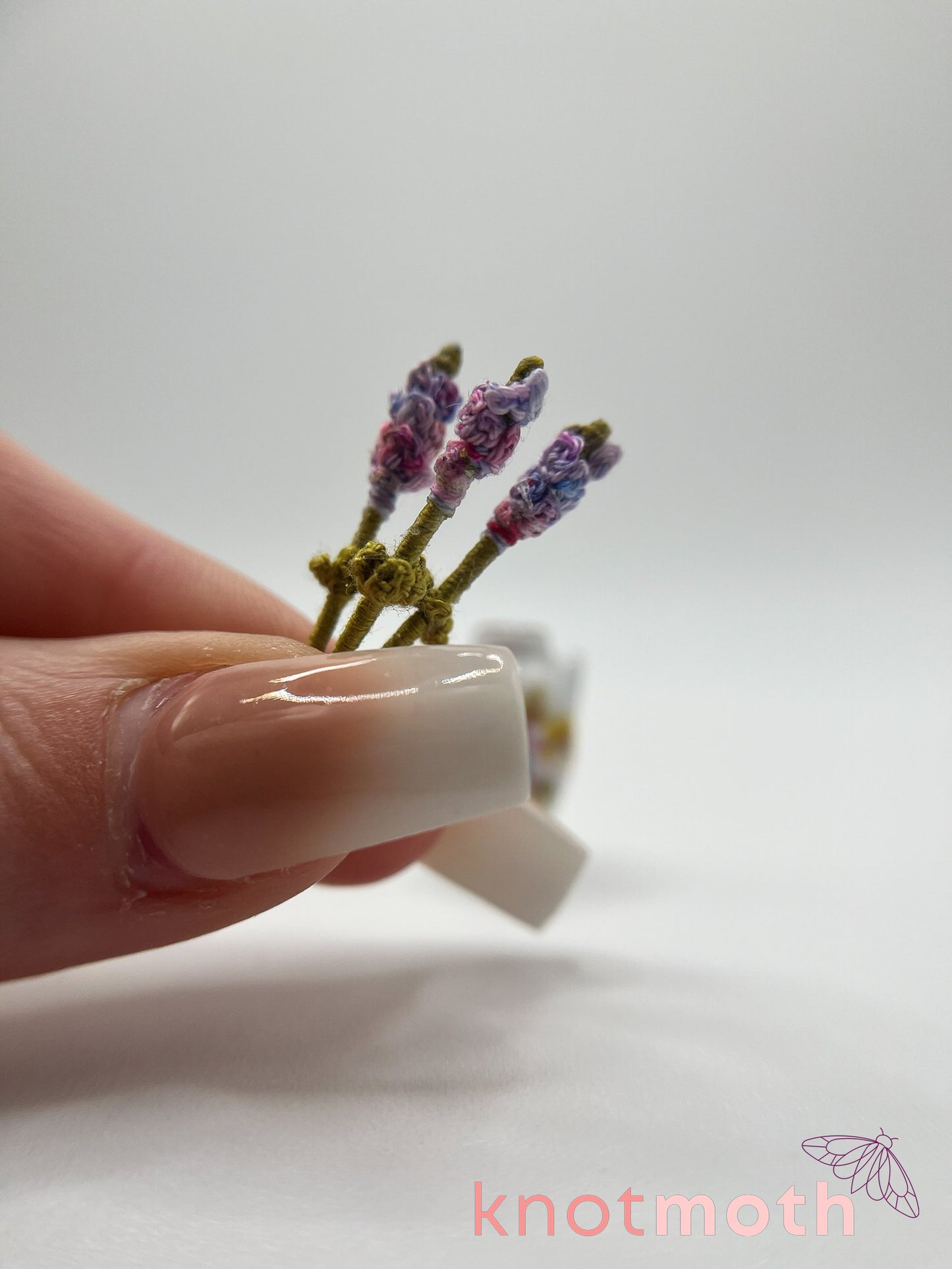 micro crochet lavender arrangement in ceramic vase