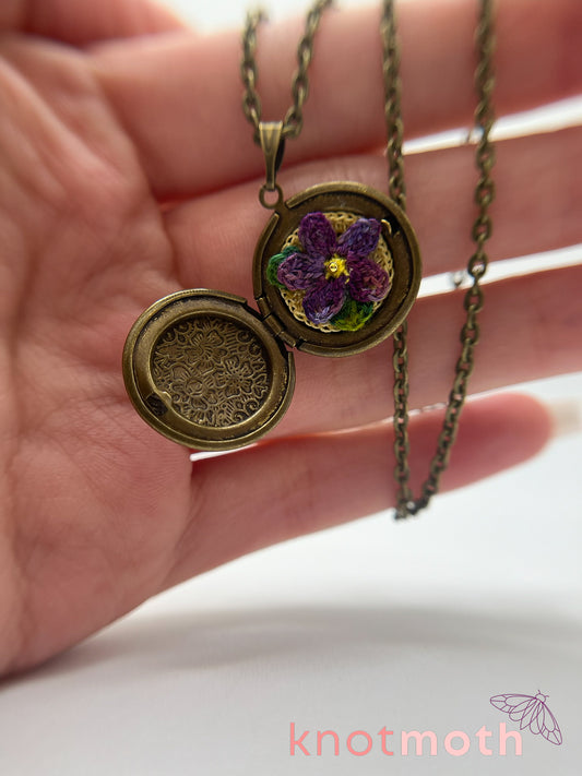 violet floriography micro-crochet locket