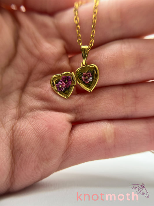 violets floriography micro-crochet heart locket