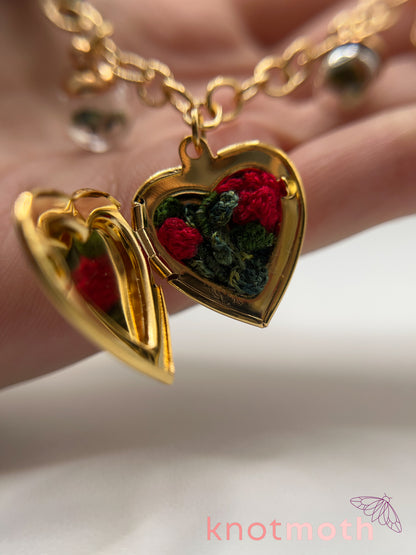 locket & charm necklace with micro crochet details