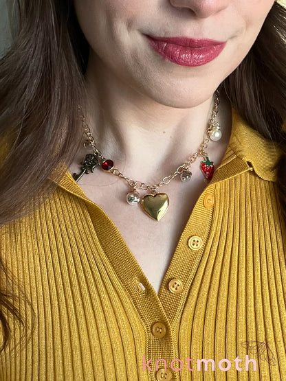 locket & charm necklace with micro crochet details