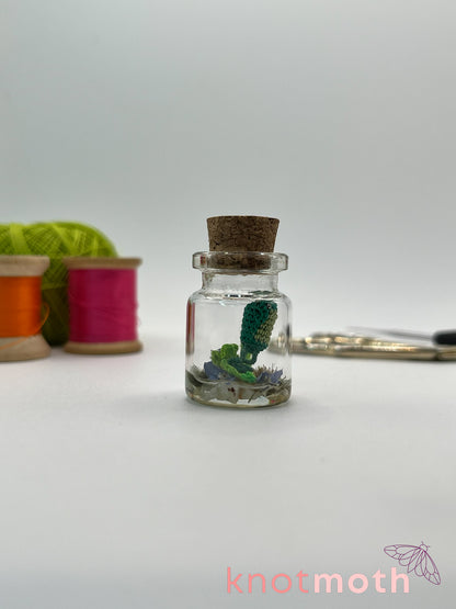 fennel frog micro crochet jar with vines & forget-me-not flowers