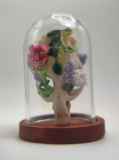 roses, lavender, & mushrooms skull - micro-crochet dome jar