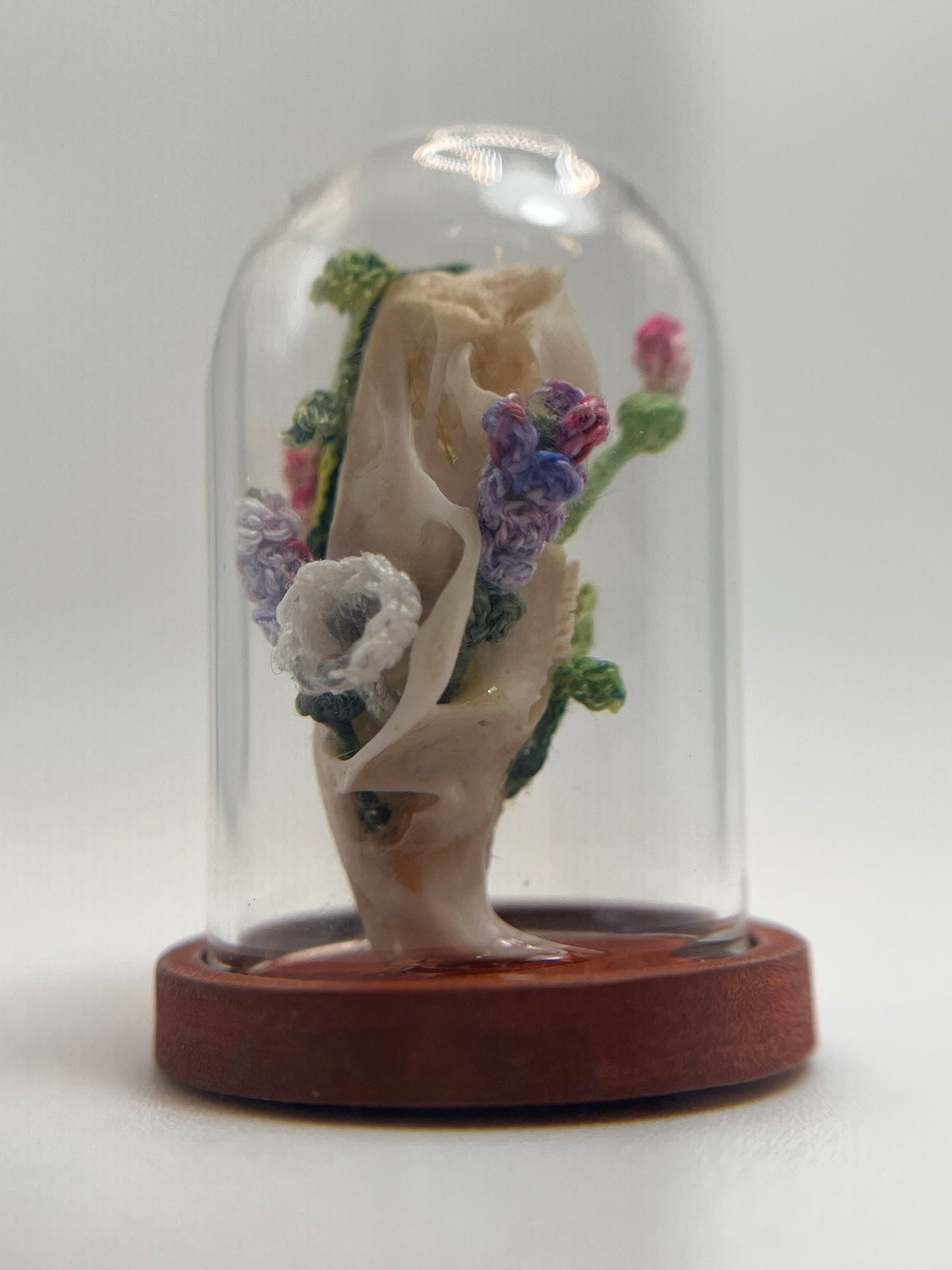 roses, lavender, & mushrooms skull - micro-crochet dome jar
