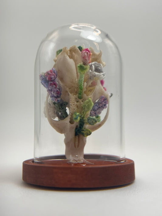 roses, lavender, & mushrooms skull - micro-crochet dome jar