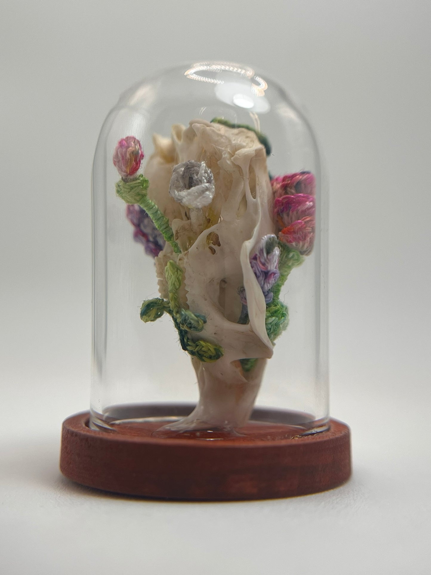 roses, lavender, & mushrooms skull - micro-crochet dome jar