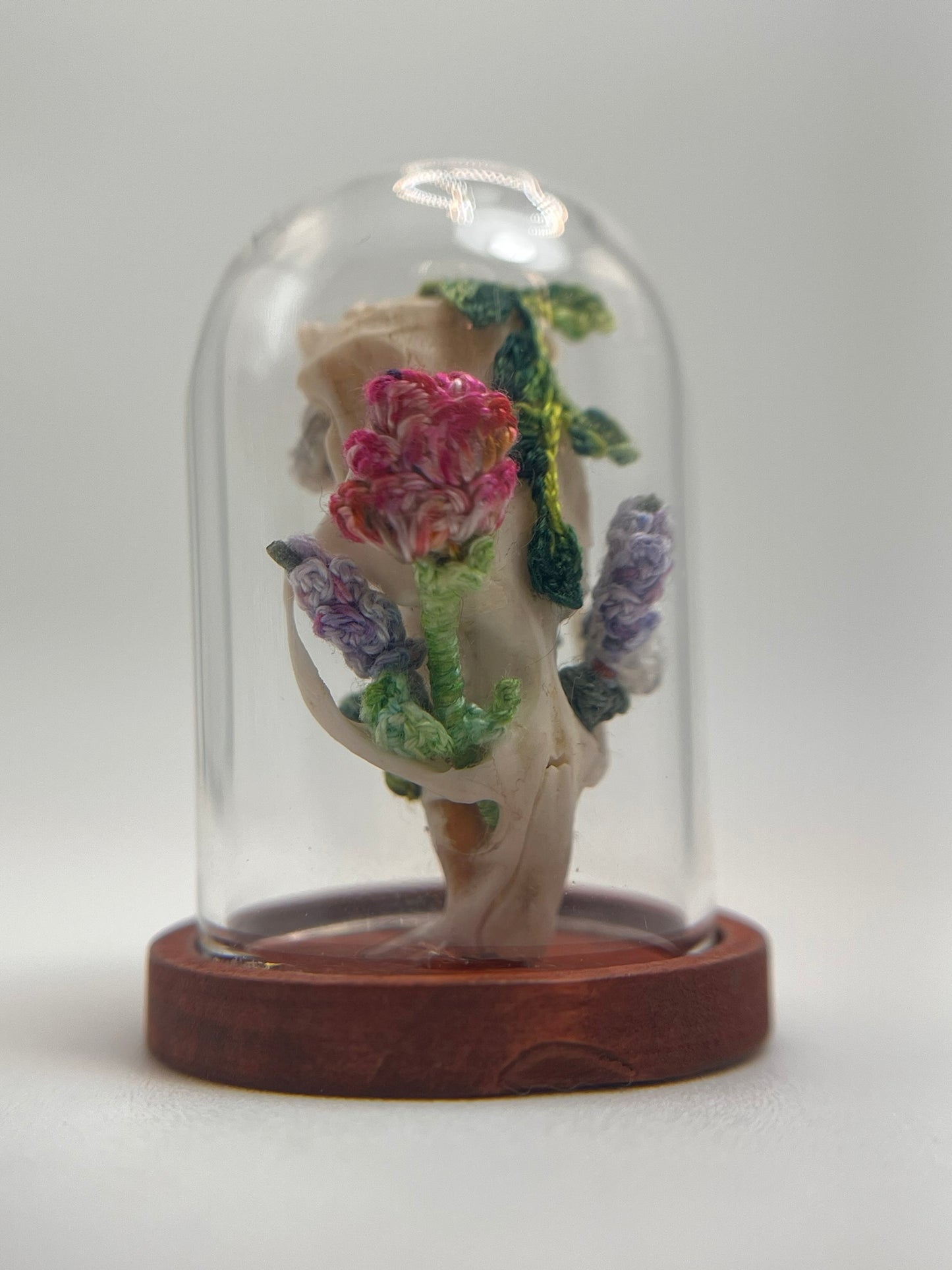 roses, lavender, & mushrooms skull - micro-crochet dome jar