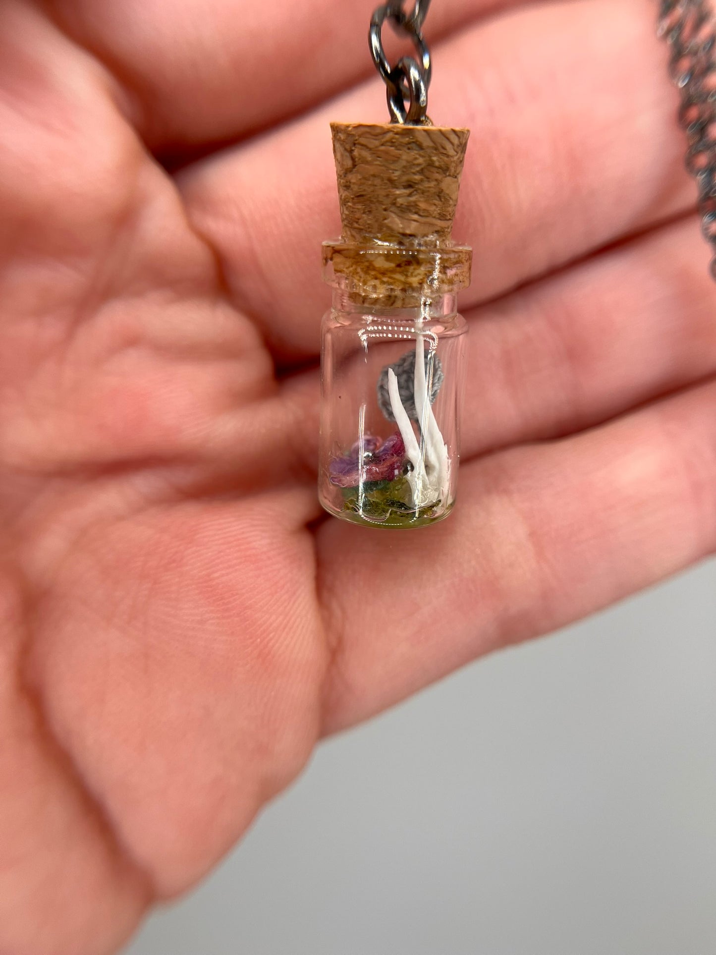 violet, mushroom & paired ulnae - bone garden necklace