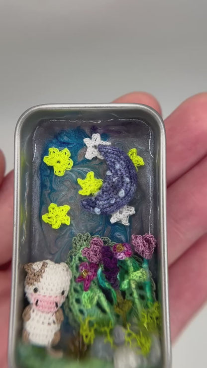 clover cow · moon & flowers nighttime mini tin
