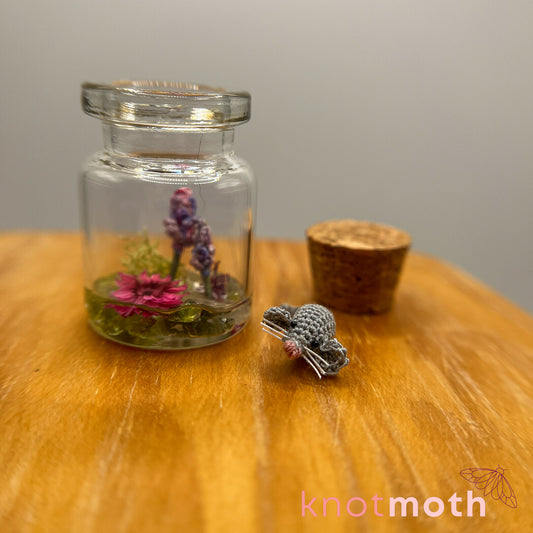 Mae Mouse and Lavender Micro Crochet Terrarium Jar (removable, magnetic)