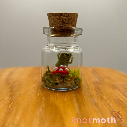 Frida Frog and Mushroom Micro Crochet Terrarium Jar (removable, magnetic)