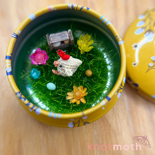 Chimamanda Chicken Micro Crochet Tin with Egg Coop (removable, magnetic)