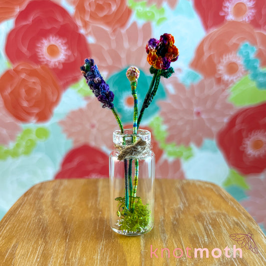 Flower Bouquet with Lavender, Billy Ball, and Poppy Micro Crochet Miniature Trinket Jar