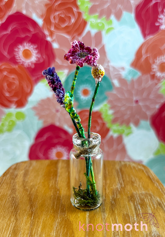 Flower Bouquet with Lavender, Billy Ball, and Gerber Daisy Micro Crochet Miniature Trinket Jar