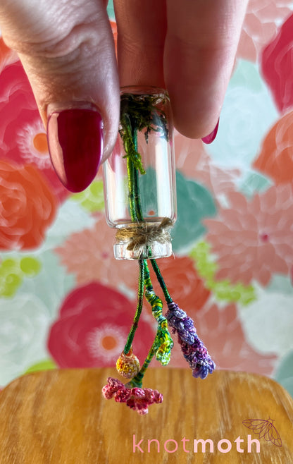 Flower Bouquet with Lavender, Billy Ball, and Gerber Daisy Micro Crochet Miniature Trinket Jar