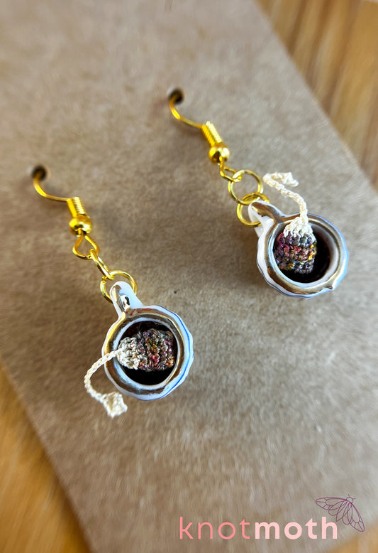 Tea Time Teacup Earrings with Removable Magnetic Micro Crochet Teabags