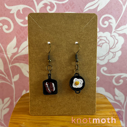 Eggs & Bacon in Miniature Frying Pans Micro Crochet Miniature Breakfast Earrings