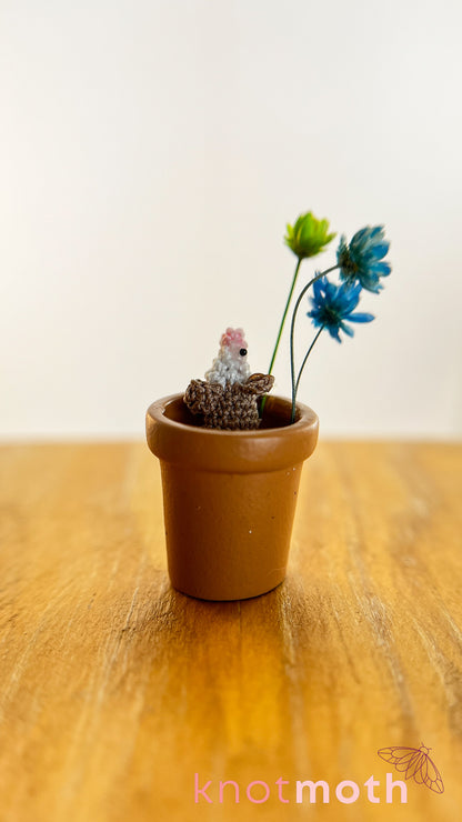Olive Opossum in a Flower Pot Micro Crochet Trinket (Magnetic, Removable)