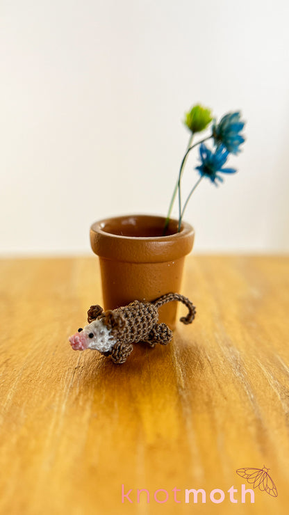 Olive Opossum in a Flower Pot Micro Crochet Trinket (Magnetic, Removable)