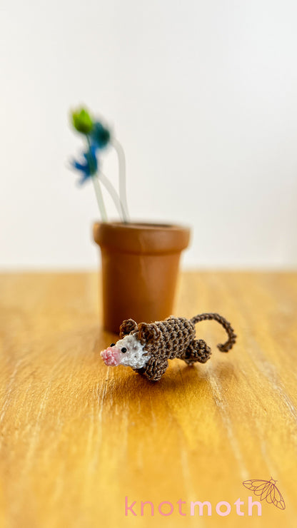 Olive Opossum in a Flower Pot Micro Crochet Trinket (Magnetic, Removable)