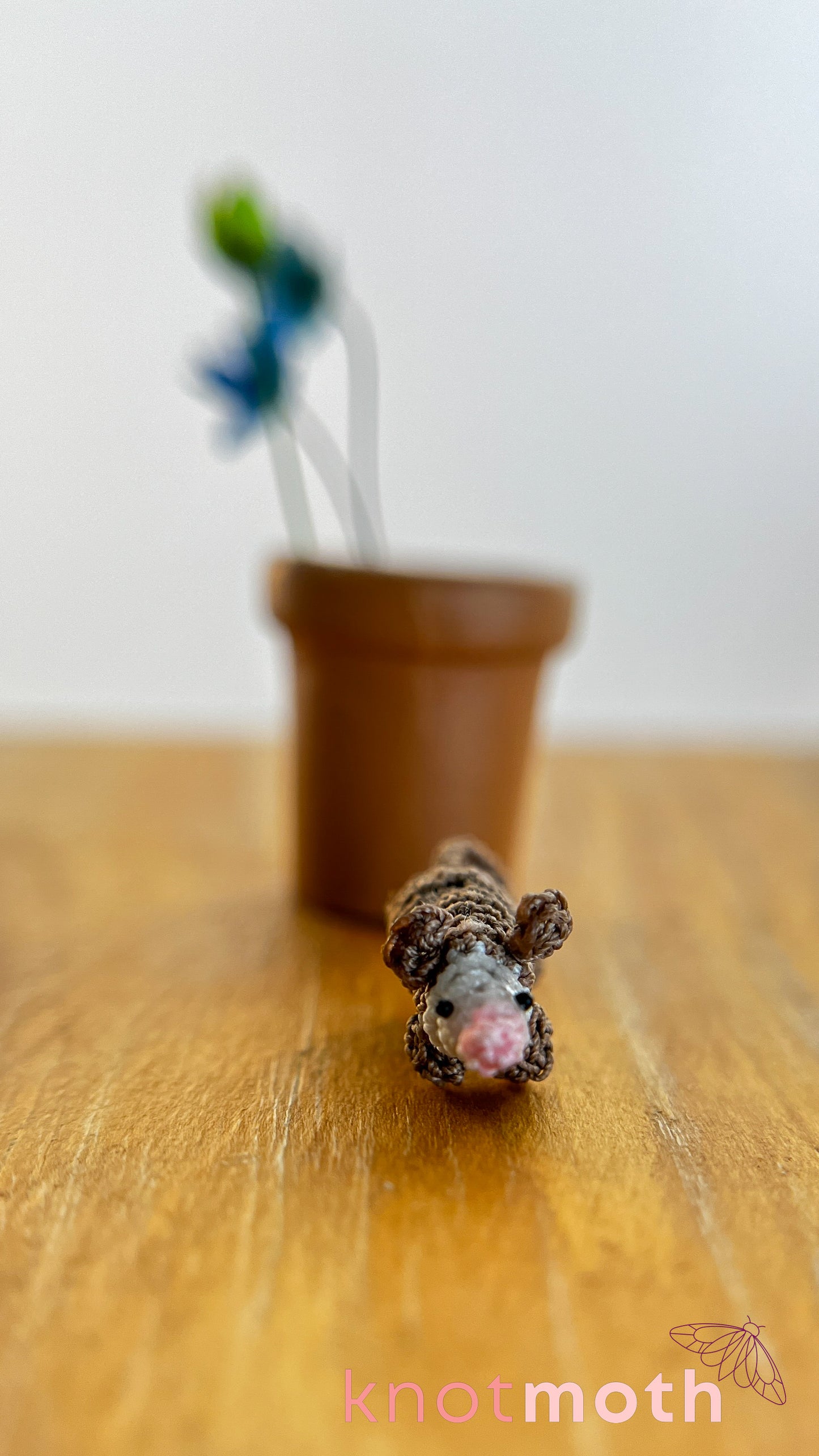 Olive Opossum in a Flower Pot Micro Crochet Trinket (Magnetic, Removable)