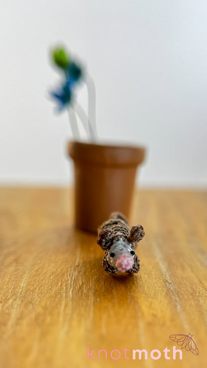 Olive Opossum in a Flower Pot Micro Crochet Trinket (Magnetic, Removable)