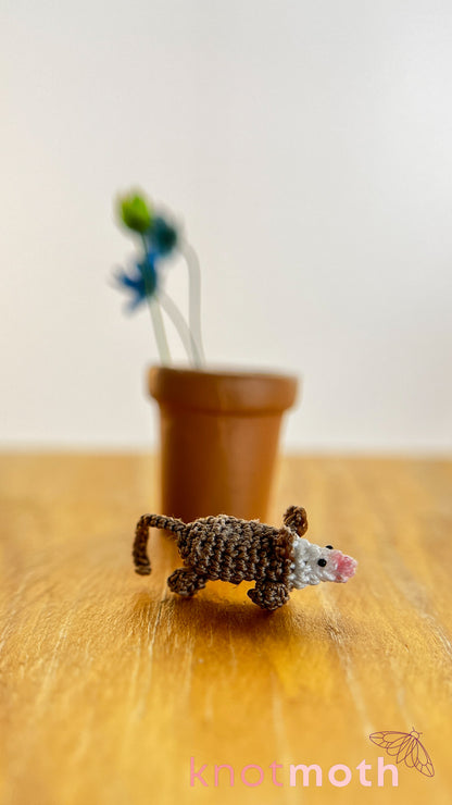 Olive Opossum in a Flower Pot Micro Crochet Trinket (Magnetic, Removable)