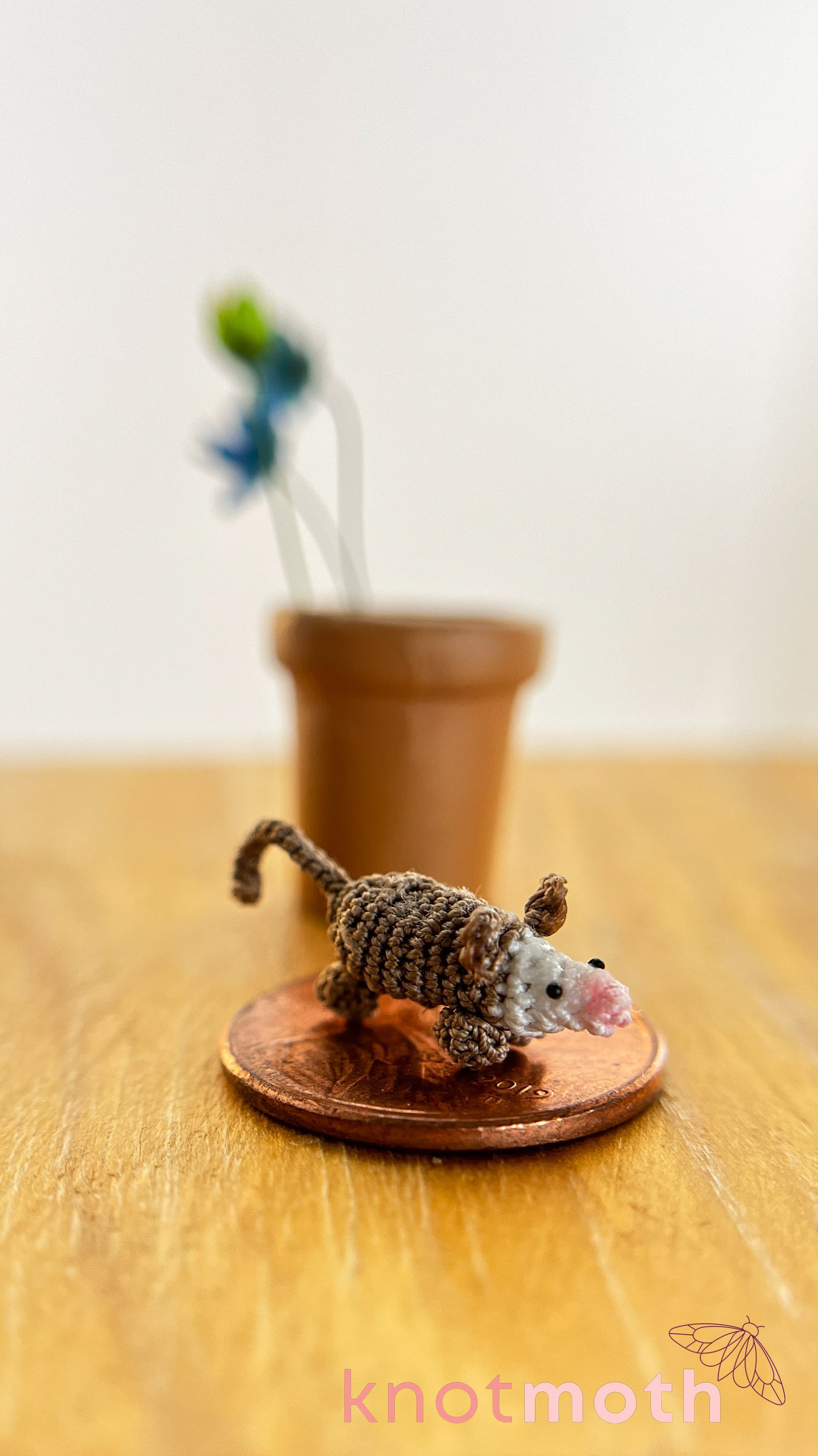 Olive Opossum in a Flower Pot Micro Crochet Trinket (Magnetic, Removable)