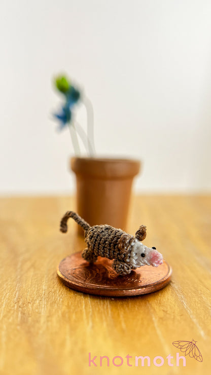 Olive Opossum in a Flower Pot Micro Crochet Trinket (Magnetic, Removable)