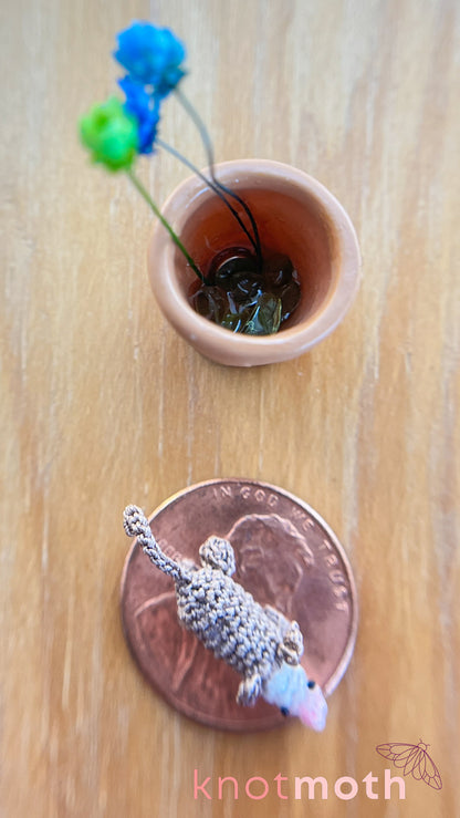 Olive Opossum in a Flower Pot Micro Crochet Trinket (Magnetic, Removable)